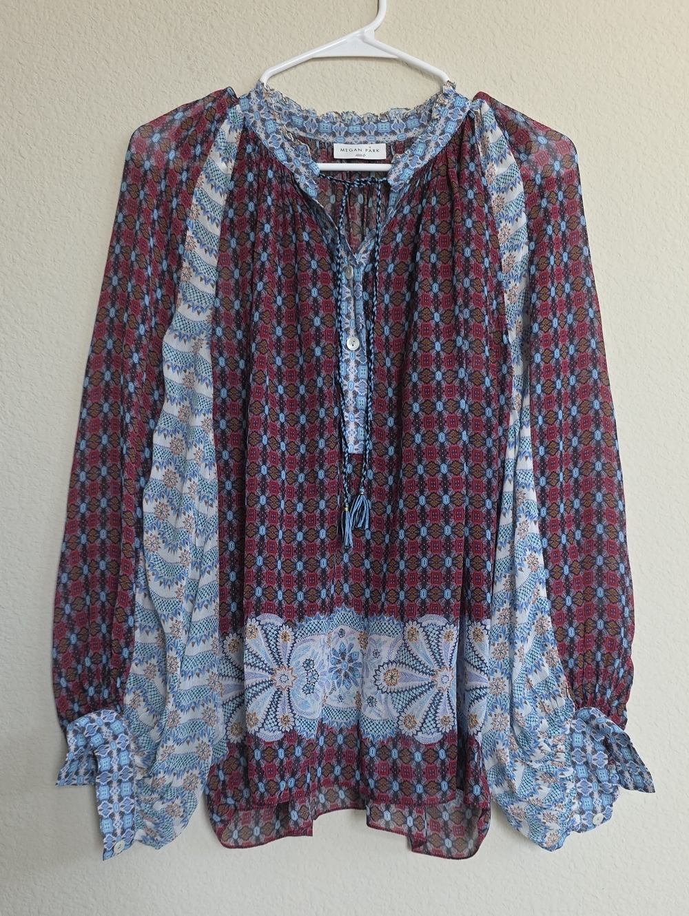 NEW Megan Park Boho Viscose Peasant Artisan Blouse Red Blue Balloon Sleeves US4